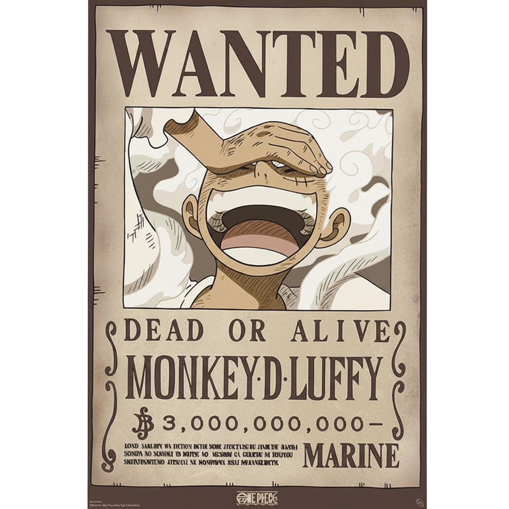 Poster officiel NIPPON DOKI STORE Wanted Luffy Wano Gear 5, format maxi 91,5x61 cm, style avis de recherche pirate.
