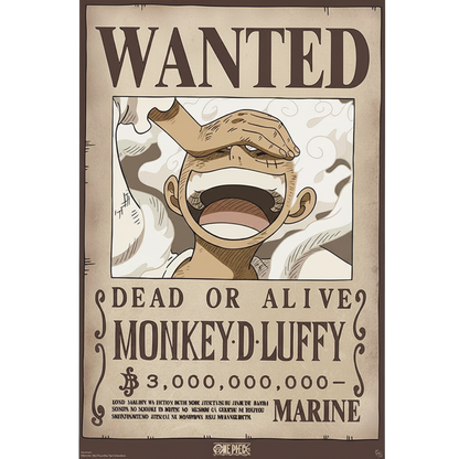 Poster officiel NIPPON DOKI STORE Wanted Luffy Wano Gear 5, format maxi 91,5x61 cm, style avis de recherche pirate.