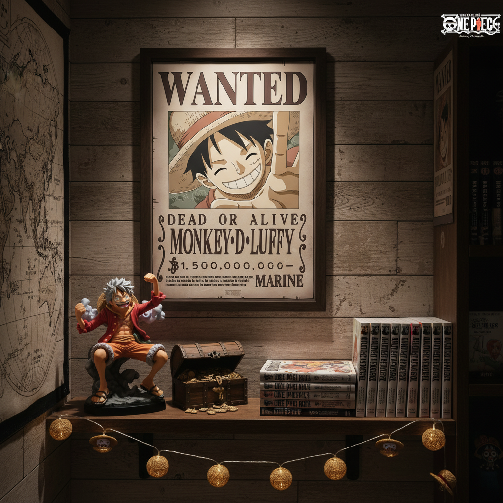 Poster Wanted Luffy de One Piece encadré sur un mur en bois, vendu par NIPPON DOKI STORE avec figurine et mangas.