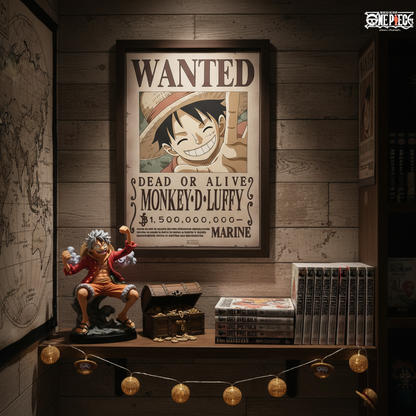 Poster Wanted Luffy de One Piece encadré sur un mur en bois, vendu par NIPPON DOKI STORE avec figurine et mangas.
