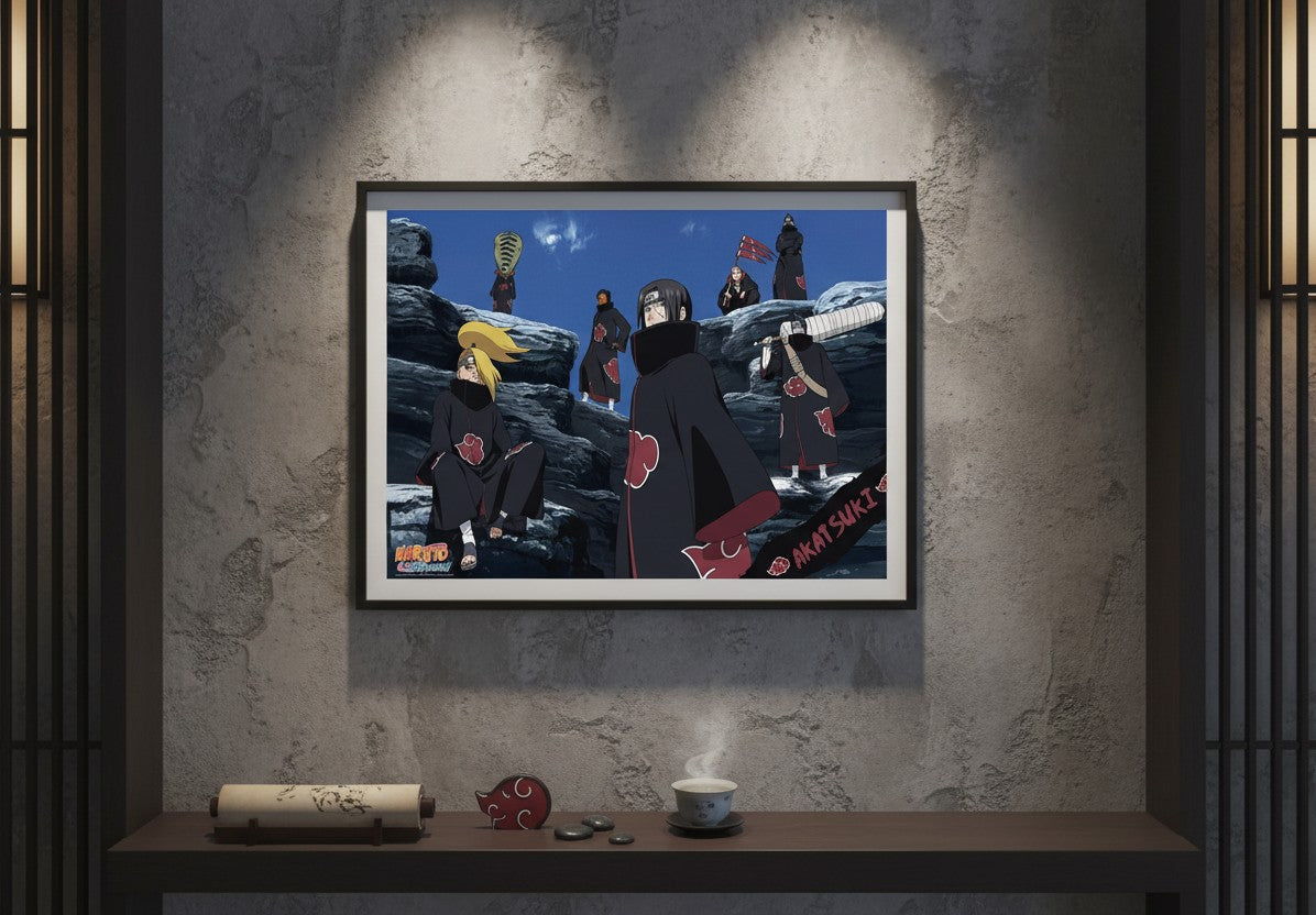 Poster Naruto Akatsuki encadré sur un mur gris, produit officiel NIPPON DOKI STORE avec les membres de l'organisation