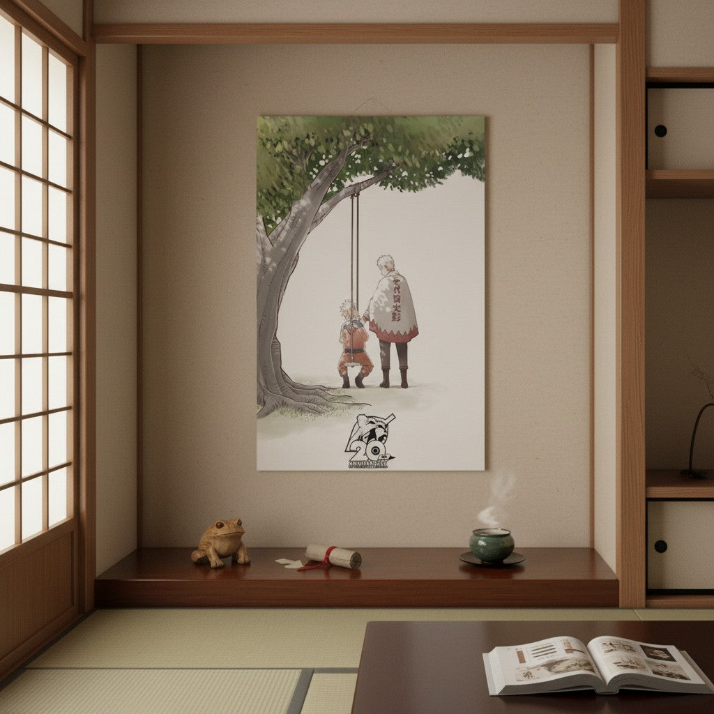 Poster Naruto 20 ans NIPPON DOKI STORE illustrant Naruto enfant sur une balançoire avec Minato dans un décor zen