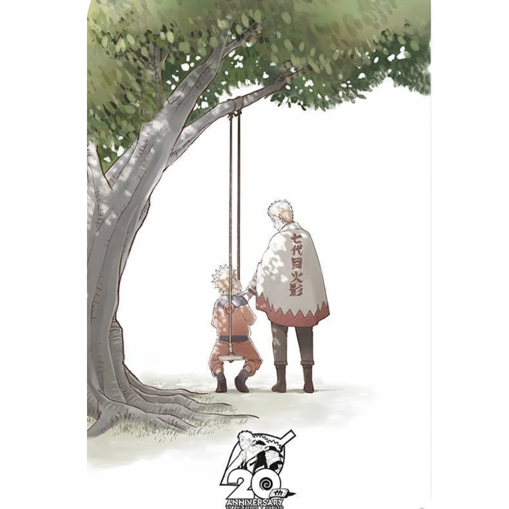 Poster Naruto 20 ans NIPPON DOKI STORE illustrant Naruto enfant sur une balançoire avec Naruto adulte en Hokage