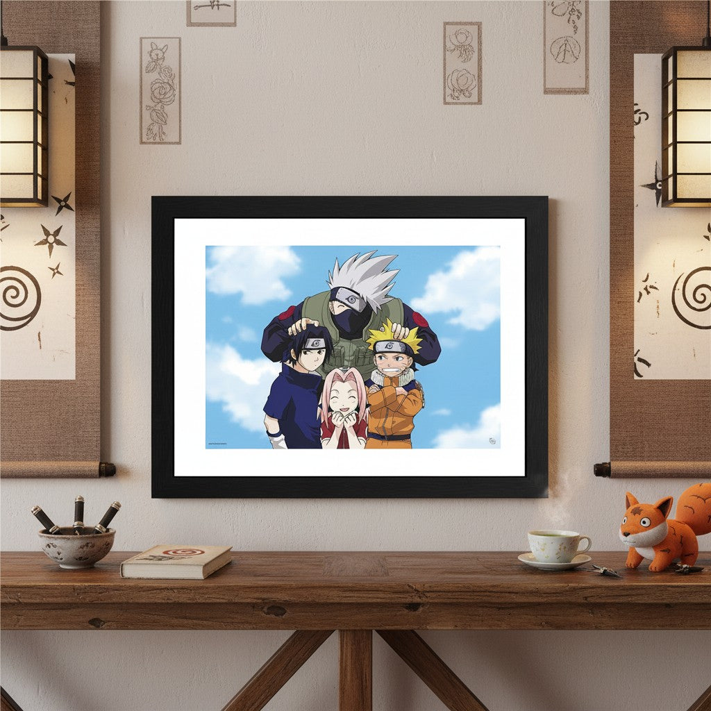Tirage encadré NIPPON DOKI STORE représentant l'Équipe 7 de Naruto avec Kakashi, Naruto, Sasuke et Sakura.