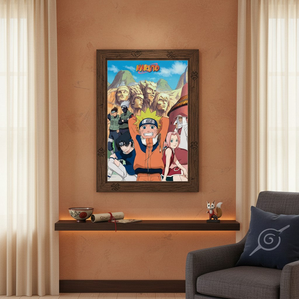 Poster Naruto groupe encadré sur un mur orange dans une décoration intérieure NIPPON DOKI STORE