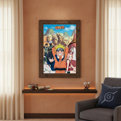 Poster Naruto groupe encadré sur un mur orange dans une décoration intérieure NIPPON DOKI STORE