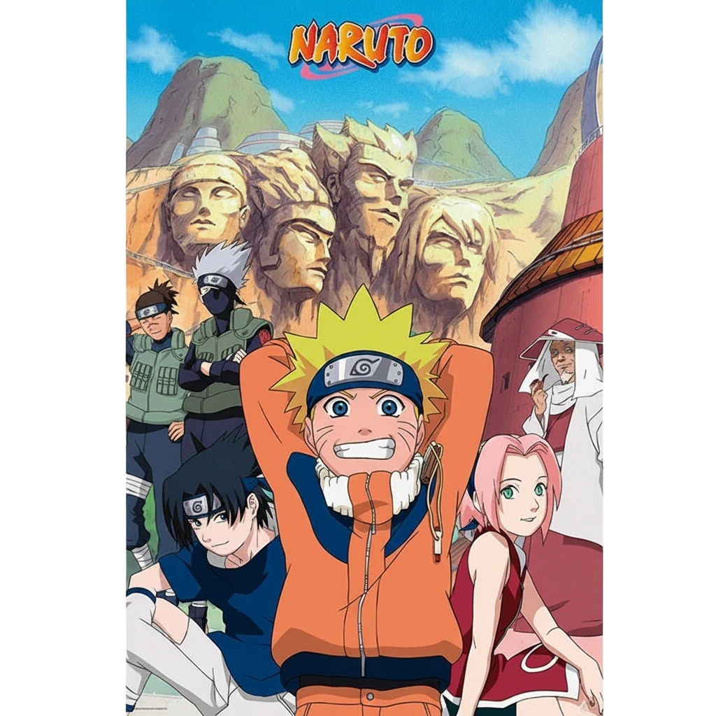 Poster Naruto NIPPON DOKI STORE représentant le groupe de personnages devant les visages des Hokage de Konoha