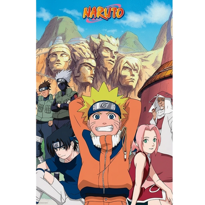 Poster Naruto NIPPON DOKI STORE représentant le groupe de personnages devant les visages des Hokage de Konoha