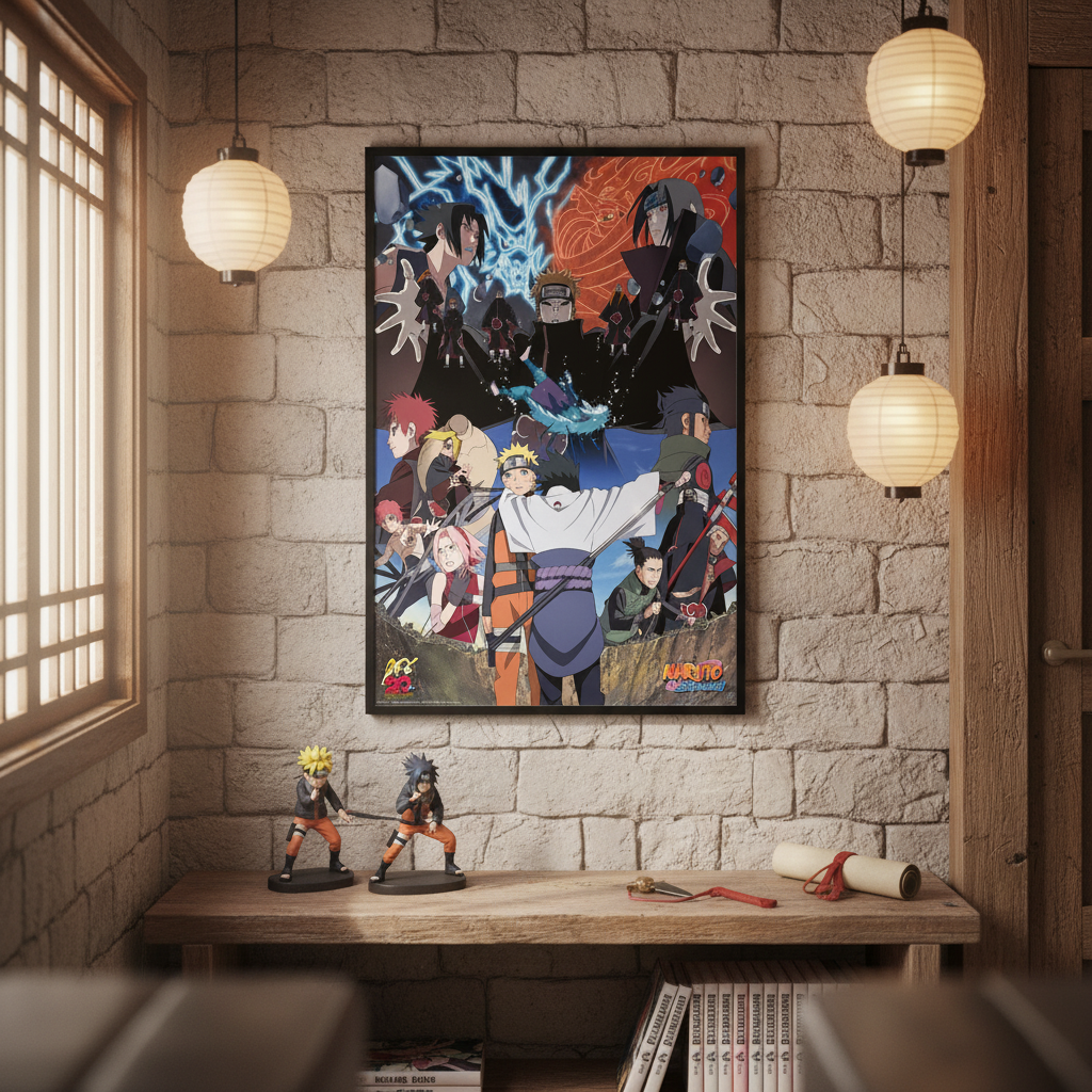 Poster Naruto Rivaux officiel NIPPON DOKI STORE encadré sur un mur en briques avec figurines et lanternes japonaises
