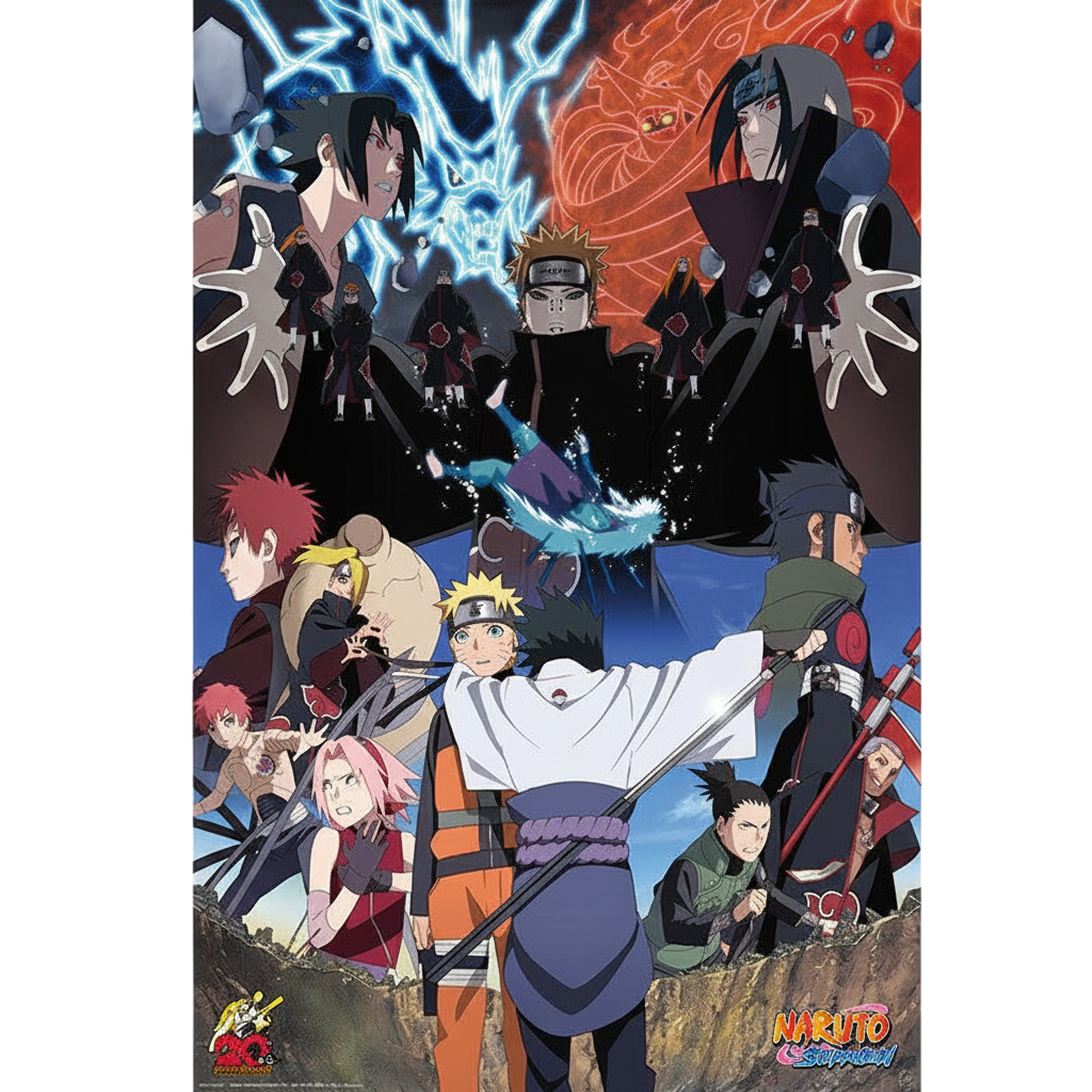 Poster Naruto Rivaux officiel NIPPON DOKI STORE illustrant Naruto, Sasuke et les membres de l'Akatsuki en combat
