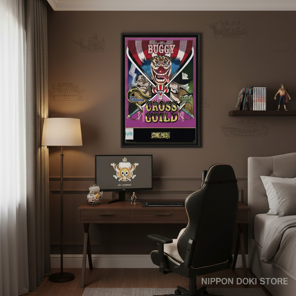 Poster officiel One Piece Cross Guild encadré sur un mur marron dans une chambre décorée par NIPPON DOKI STORE