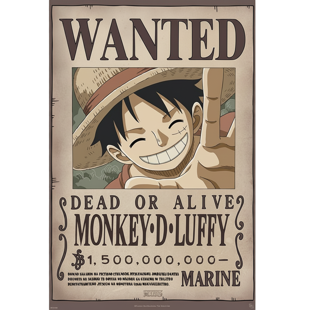 Poster officiel NIPPON DOKI STORE One Piece Wanted Luffy avec Monkey D. Luffy souriant sur fond parchemin