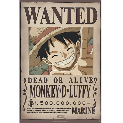 Poster officiel NIPPON DOKI STORE One Piece Wanted Luffy avec Monkey D. Luffy souriant sur fond parchemin