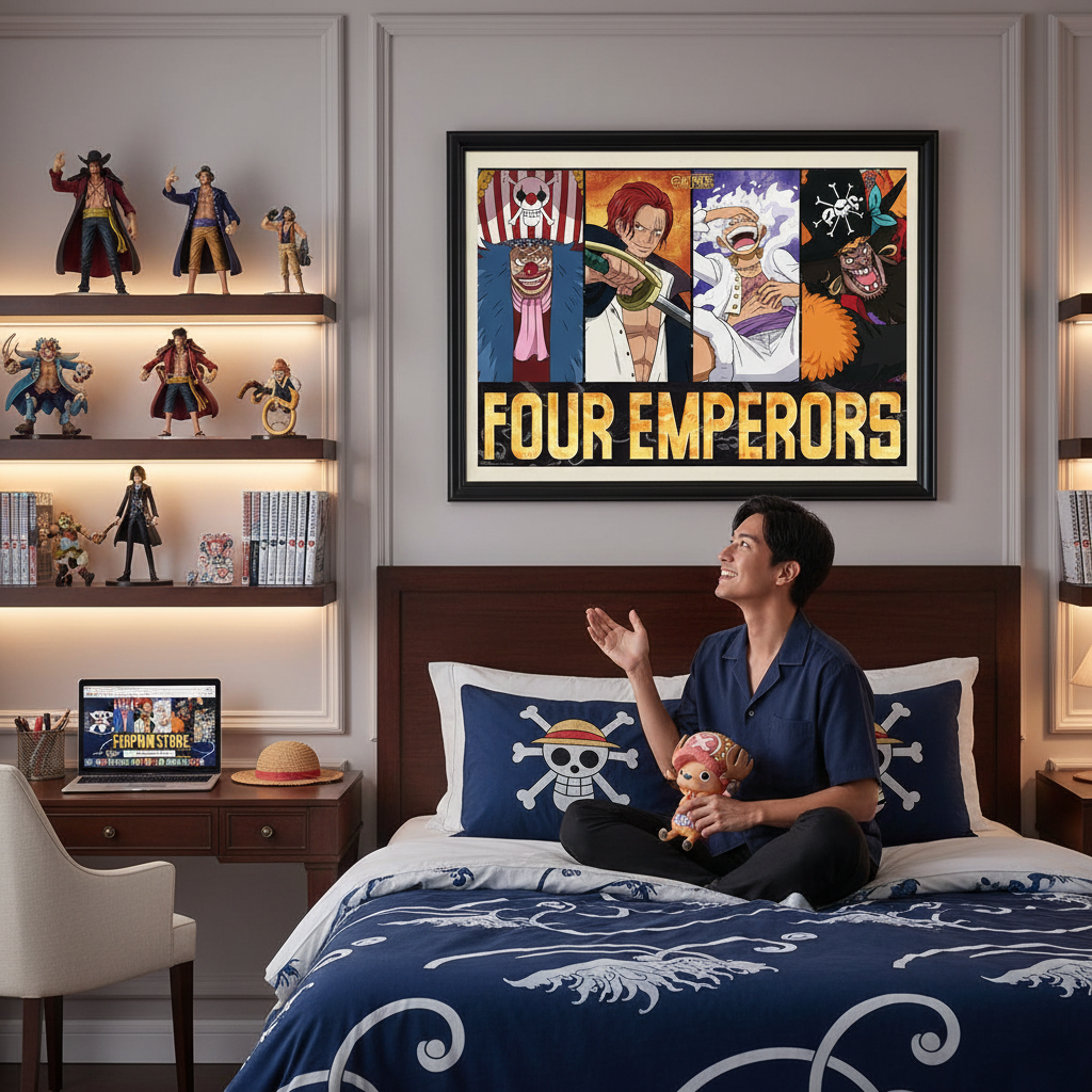Un jeune homme assis sur un lit dans une chambre décorée par NIPPON DOKI STORE avec un poster One Piece Les Quatre Empereurs