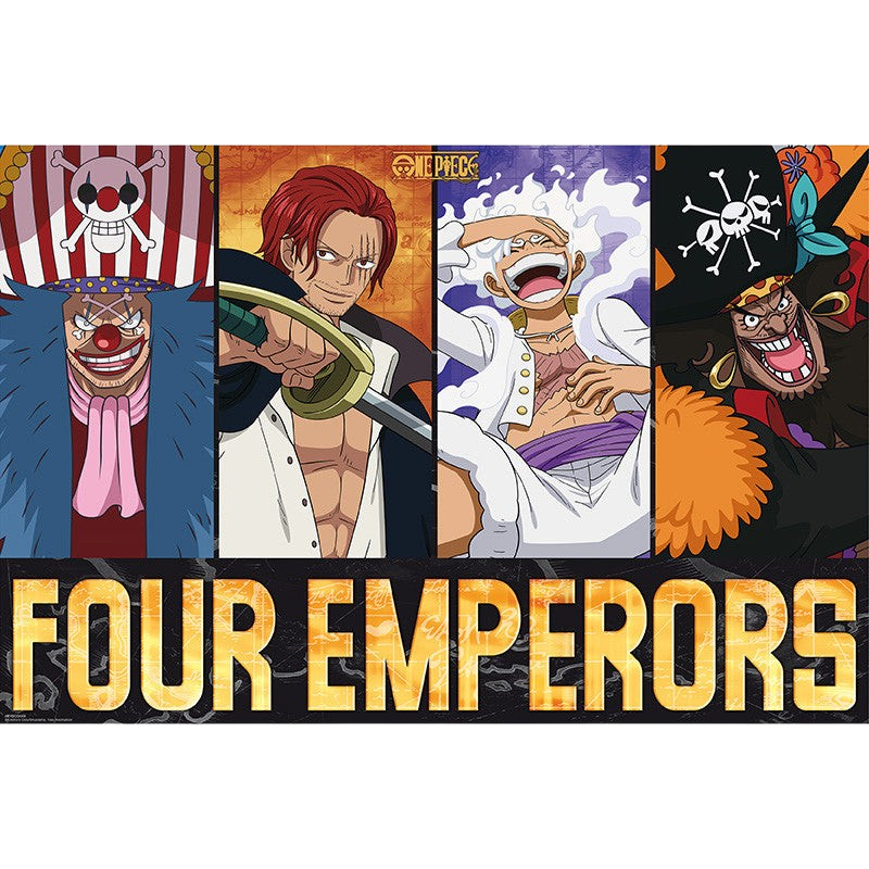 Poster maxi One Piece Les Quatre Empereurs par NIPPON DOKI STORE illustrant Luffy, Shanks, Baggy et Barbe Noire