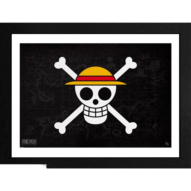 Tirage encadré NIPPON DOKI STORE One Piece Skull avec le logo emblématique du chapeau de paille sur fond noir