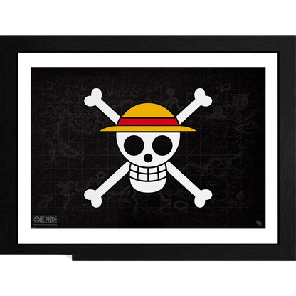 Tirage encadré NIPPON DOKI STORE One Piece Skull avec le logo emblématique du chapeau de paille sur fond noir