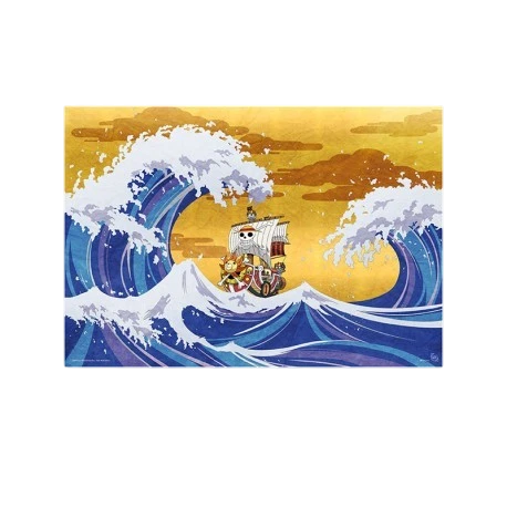 Tirage encadré NIPPON DOKI STORE One Piece Thousand Sunny représentant le navire sur des vagues style estampe japonaise