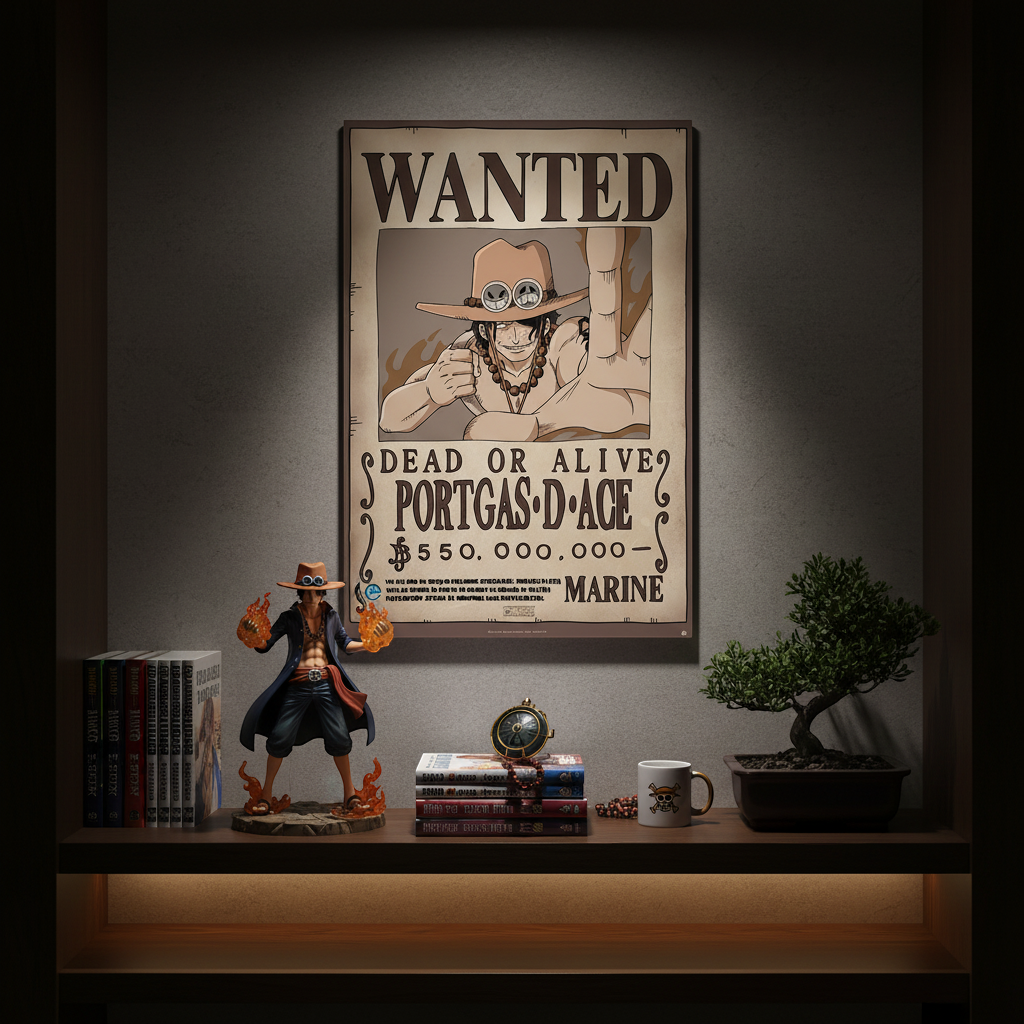 Poster Wanted Ace de One Piece sur un mur, sélectionné par NIPPON DOKI STORE, avec figurine et bonsaï en décoration.