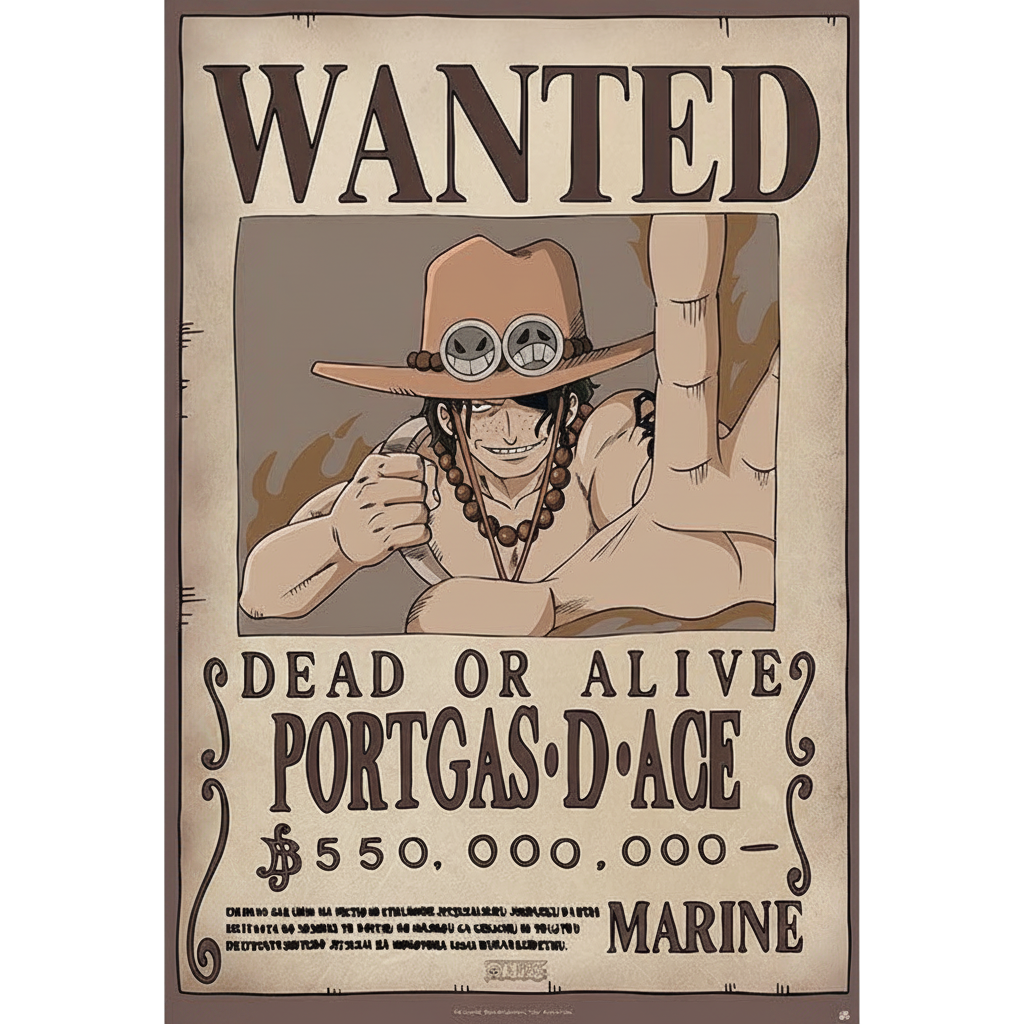 Poster officiel NIPPON DOKI STORE Wanted Ace de One Piece, format 91,5x61 cm avec Portgas D. Ace en avis de recherche.