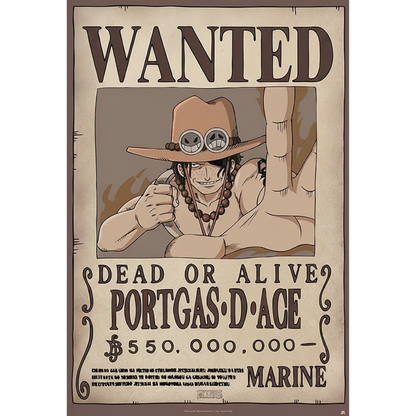 Poster officiel NIPPON DOKI STORE Wanted Ace de One Piece, format 91,5x61 cm avec Portgas D. Ace en avis de recherche.