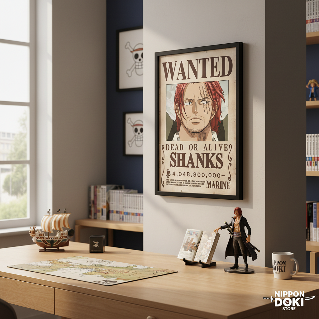 Poster Wanted Shanks Wano de One Piece encadré sur un mur, vendu par NIPPON DOKI STORE dans un bureau décoré