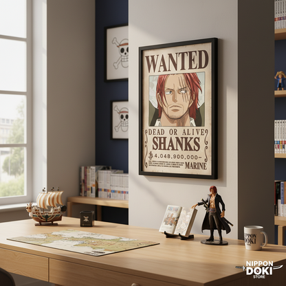 Poster Wanted Shanks Wano de One Piece encadré sur un mur, vendu par NIPPON DOKI STORE dans un bureau décoré