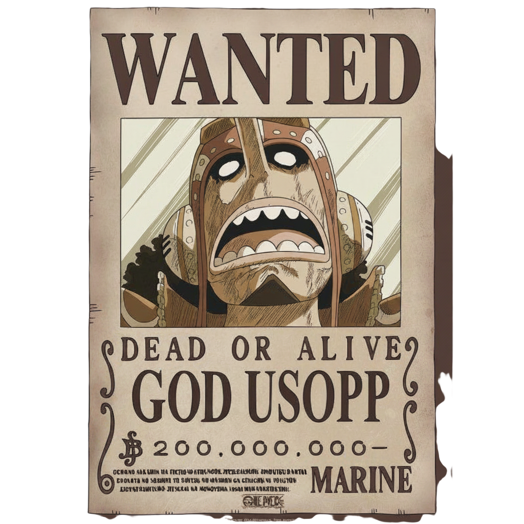 Poster Wanted God Usopp de One Piece par NIPPON DOKI STORE, style avis de recherche avec illustration chibi