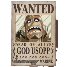Poster Wanted God Usopp de One Piece par NIPPON DOKI STORE, style avis de recherche avec illustration chibi