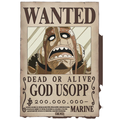 Poster Wanted God Usopp de One Piece par NIPPON DOKI STORE, style avis de recherche avec illustration chibi
