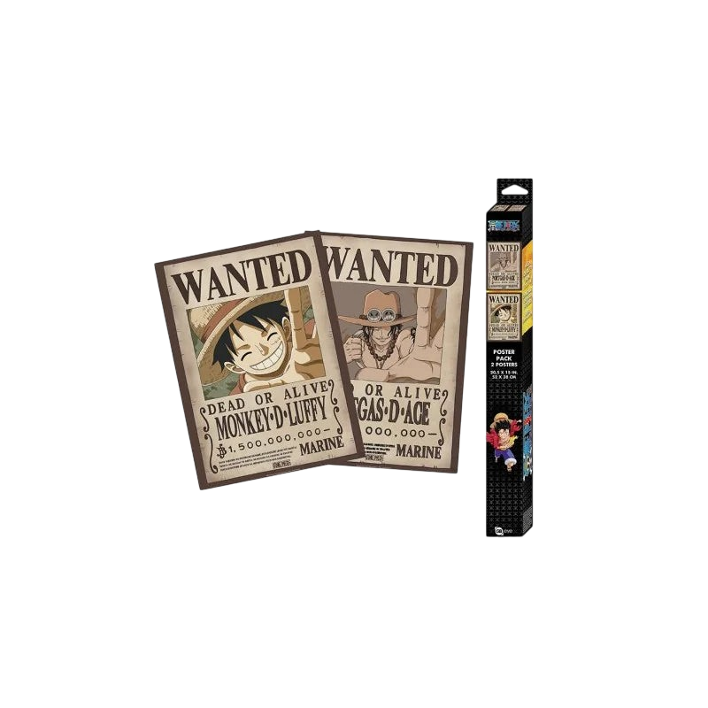 Set de 2 posters One Piece Wanted Luffy et Ace style chibi, produit officiel NIPPON DOKI STORE avec emballage