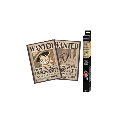 Set de 2 posters One Piece Wanted Luffy et Ace style chibi, produit officiel NIPPON DOKI STORE avec emballage