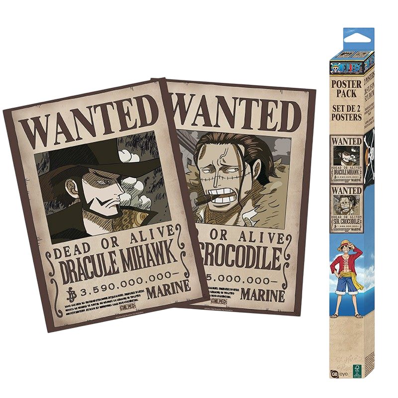 Set de 2 posters Wanted One Piece Mihawk et Crocodile par NIPPON DOKI STORE, affiches style avis de recherche