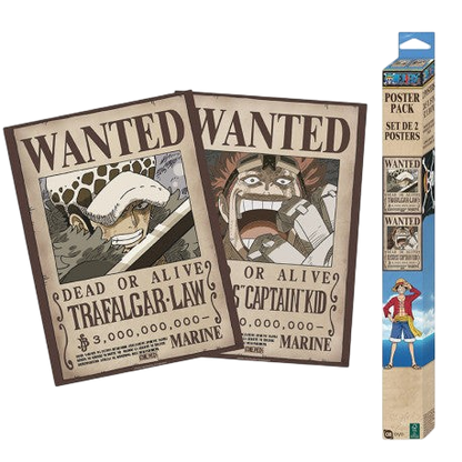 Set de 2 posters Wanted Chibi Trafalgar Law et Eustass Kid de One Piece, produit officiel NIPPON DOKI STORE