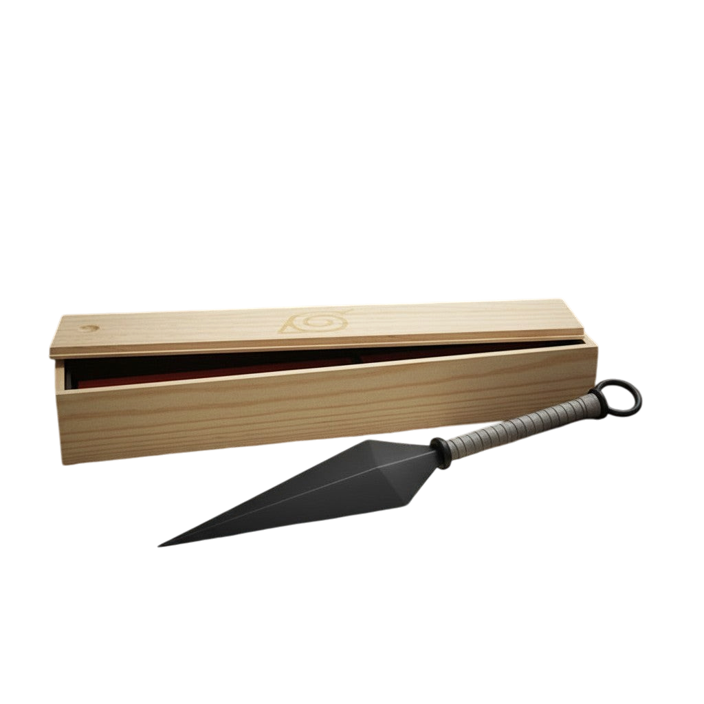 Réplique en mousse du Kunai de Naruto par NIPPON DOKI STORE, posée sur un parchemin devant son coffret en bois.