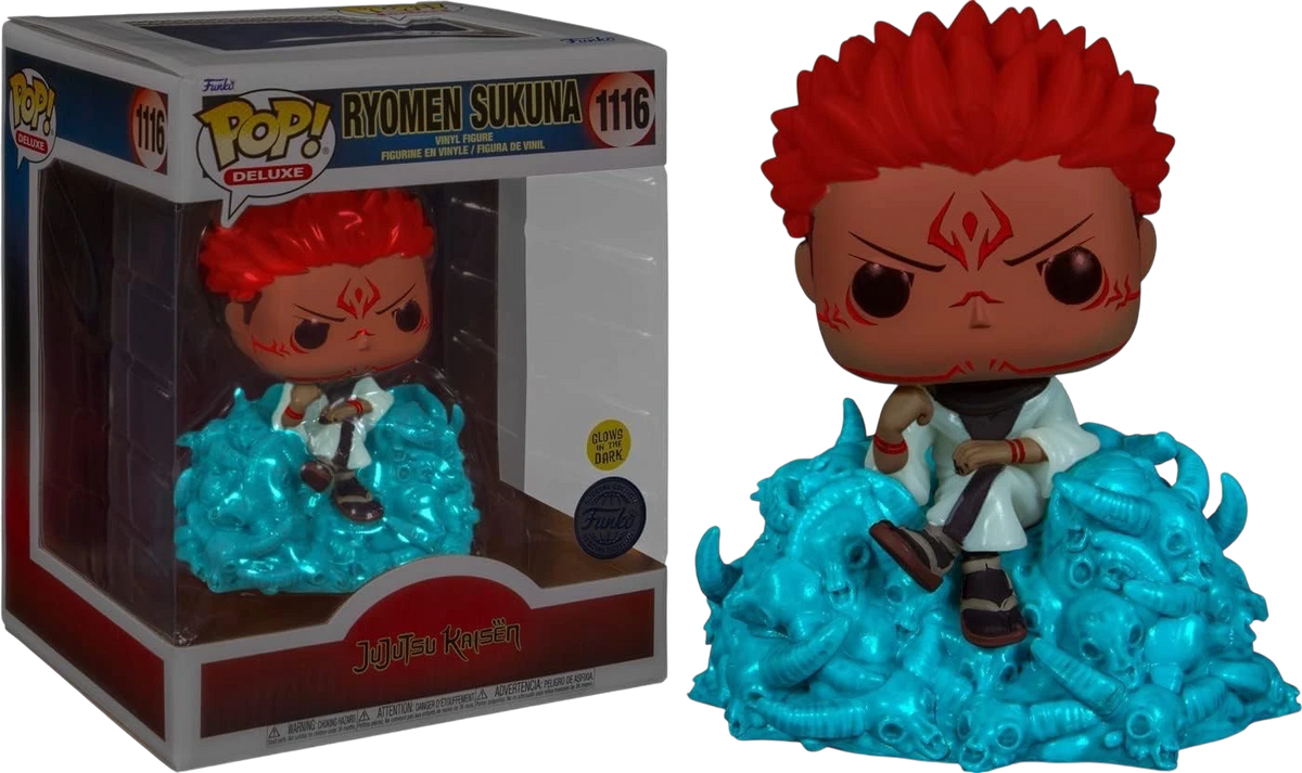 NIPPON DOKI STORE Funko POP Deluxe Ryomen Sukuna figurine from Jujutsu Kaisen sitting on a glowing blue diorama base.