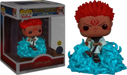 NIPPON DOKI STORE Funko POP Deluxe Ryomen Sukuna figurine from Jujutsu Kaisen sitting on a glowing blue diorama base.