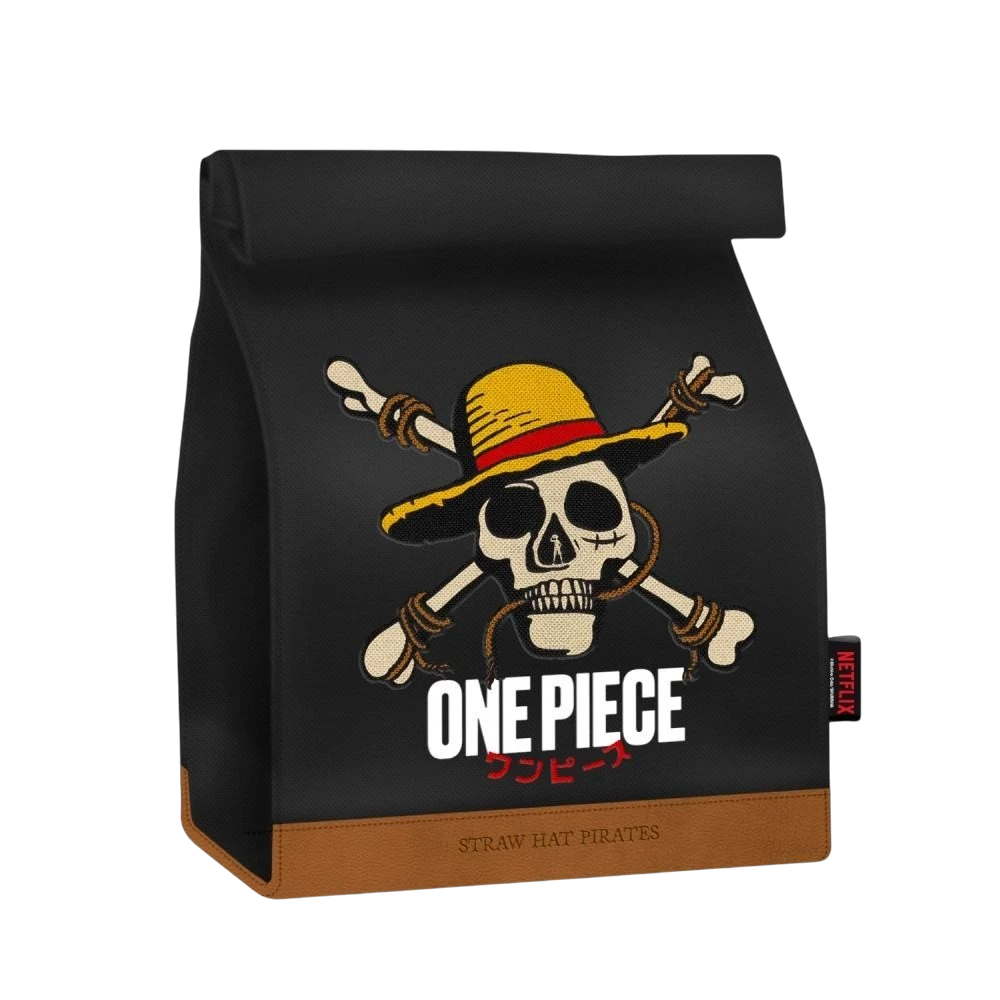 Sac déjeuner isotherme noir NIPPON DOKI STORE avec logo One Piece Netflix et base en similicuir marron
