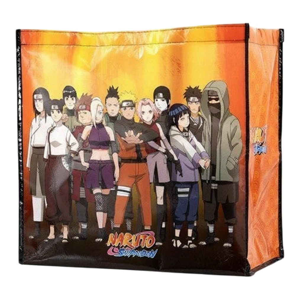 Sac shopping NIPPON DOKI STORE Naruto Shippuden avec illustration du groupe Konoha sur fond orange et noir