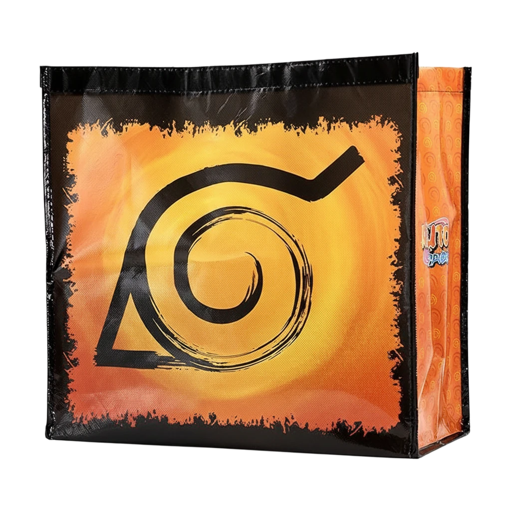 Sac shopping NIPPON DOKI STORE Naruto avec le symbole du village de Konoha sur fond orange et noir
