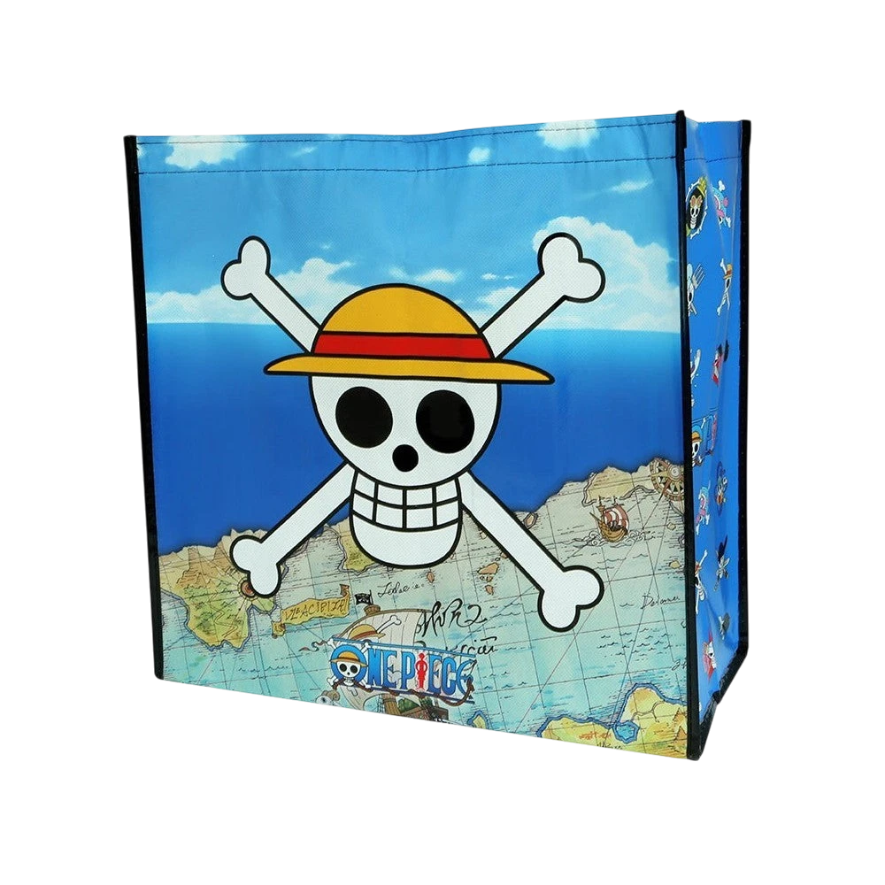 Sac shopping NIPPON DOKI STORE One Piece avec le logo Jolly Roger de Luffy et une carte au trésor sur fond bleu