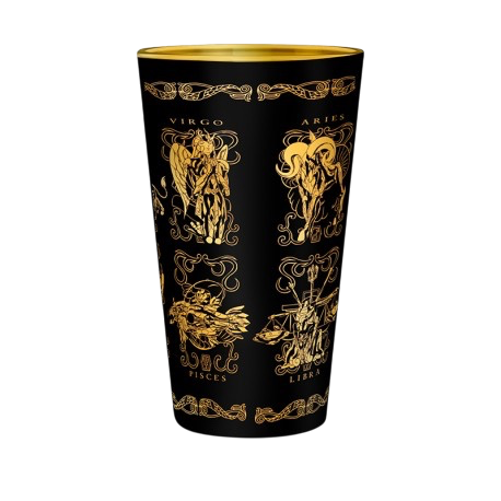 NIPPON DOKI STORE Saint Seiya 400ml premium glass featuring gold zodiac armor illustrations on a black background