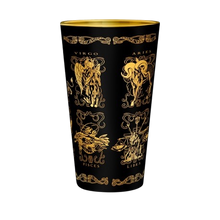 NIPPON DOKI STORE Saint Seiya 400ml premium glass featuring gold zodiac armor illustrations on a black background