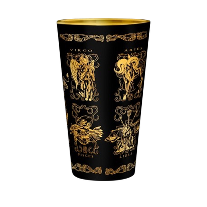 NIPPON DOKI STORE Saint Seiya 400ml premium glass featuring gold zodiac armor illustrations on a black background