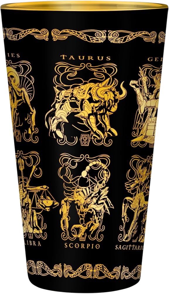 NIPPON DOKI STORE Saint Seiya 400ml premium glass featuring gold zodiac armor illustrations on a black background