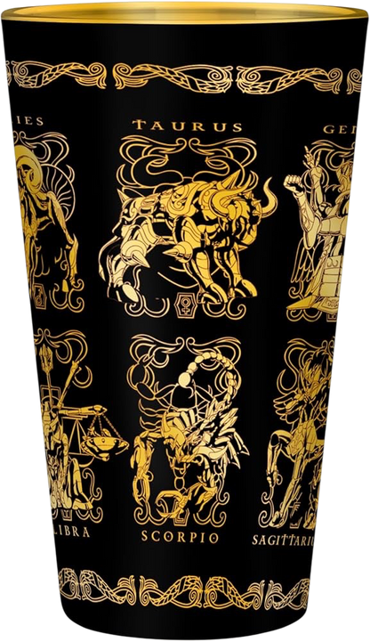 NIPPON DOKI STORE Saint Seiya 400ml premium glass featuring gold zodiac armor illustrations on a black background