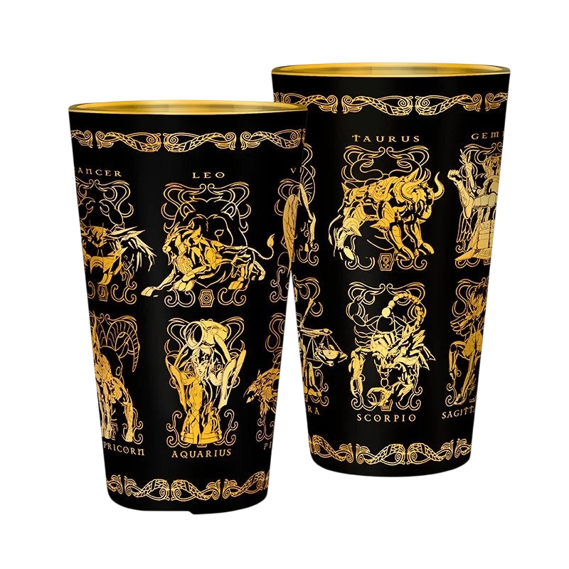 NIPPON DOKI STORE Saint Seiya XXL 400ml glass featuring gold zodiac armor illustrations on a black background