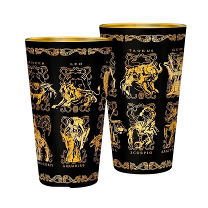 NIPPON DOKI STORE Saint Seiya XXL 400ml glass featuring gold zodiac armor illustrations on a black background