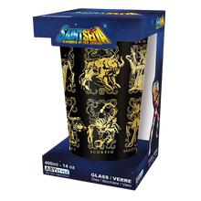 NIPPON DOKI STORE Saint Seiya XXL premium glass featuring gold zodiac armor illustrations on a black background