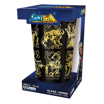 NIPPON DOKI STORE Saint Seiya XXL premium glass featuring gold zodiac armor illustrations on a black background